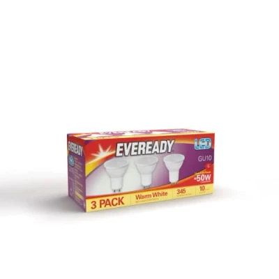 Image of Eveready Pack of 3 LED GU10 (Warm White Spotlights 3000k Bulbs GU10, Spotlights/Spotlight for Replacing Halogen Bulbs. 345 Lumens