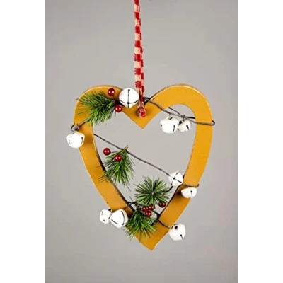 Image of 23cm Light Brown Wooden Heart Wall Hanging Ornament Decorated with White Bells Berries and Pines Christmas Holiday Home Decorations