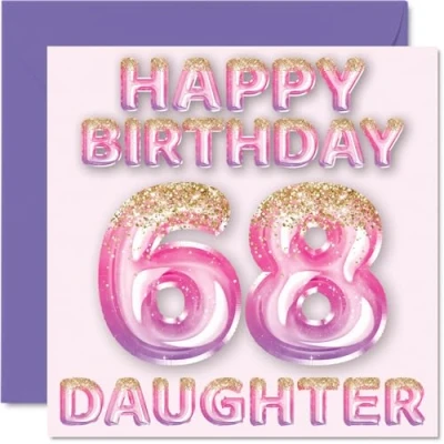 Image of 68th Birthday Card for Daughter Pink &amp; Purple Glitter Balloons Happy Cards 68 Year Old from Mum Dad Parents, 145mm x Bday Greeting Gift