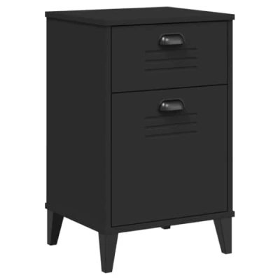Image of vidaXL VIKEN Black Solid Pine Wood Bedside Cabinet Nightstand with Drawer and Compartment, Industrial End Table for Bedroom Living Room