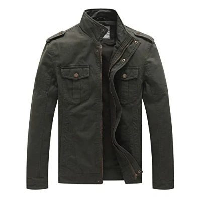 Image of WenVen Men&#039;s Casual Cotton Jacket Outdoor Lightweight Leisure Classic Full Zip Military Green M