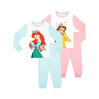 Image of Disney Girls Princess Ariel And Belle Pyjamas 2 Pack Nightwear For Kids Multicoloured 4 5 Years