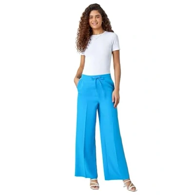 Image of Roman Wide Leg Trousers for Women Ladies Linen Dressy Joggers Sweatpants Lounge Tie Front Tracksuit Bottoms Palazzo Yoga Jogging Gym Casual Loungewear Daywear Work Holiday Turquoise Size 10