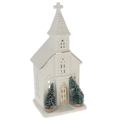 Image of Shudehill Giftware Cosy Lane Festive White Tealight Holder Church With Christmas Tree Decoration Medium or Large Sizes (Large)
