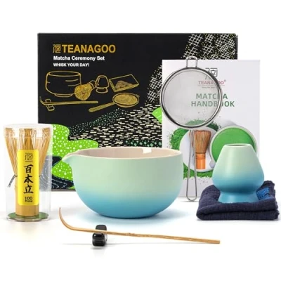 Image of TEANAGOO Japanese Tea Set (7pcs) Matcha Whisk Bowl with Pouring Spout Bamboo (Chasen) Scoop (chashaku) Holder Tea. N31,Gradient Blue
