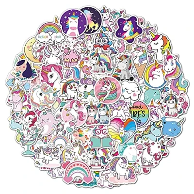 Image of 100 Unicorn Stickers, Cute Vinyl Stickers for Kids Children, Waterproof Vsco Sticker Decals Laptop Skateboard Luggage Party Bag Filler