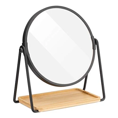Image of Navaris Tabletop Mirror with Tray Double Sided 1x/2x Magnifying Makeup Bamboo Base For Dressing Table, Bathroom, Bedroom Black