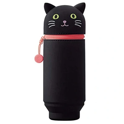 Image of LIHIT LAB Kawaii Japanese Cat Large Stand Up Pencil Case for School Office College, Cute Supplies, Animal Pen Holder Pouch Girls, Artist Case, Black (A7714 3)