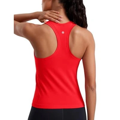 Image of CRZ YOGA Women&#039;s Seamless Racerback Tank Tops Sport Sleeveless Breathable High Neck Camisole Top Workout Running Gym Shirts Deep Red 14