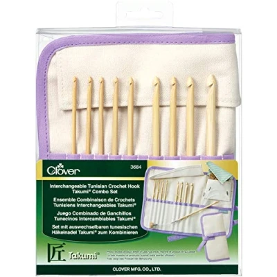 Image of clover Bamboo Interchangeable Tunisian Crochet Hook Set, Brown, 8&quot; Height x 6.8&quot; Length 1.2&quot; Width