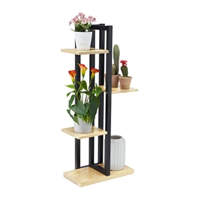 Image of Relaxdays Metal Flower Stand, 4 Tier Indoor Pot Shelf Ladder, Wooden Look, 93 x 42.5 22.5 cm, Plant Rack, Light Brown