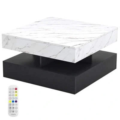 Image of funrautz LED Coffee Table, 2 Tier High Gloss Square Tables with Storage, Centre Tea Center Side Table for Living Room, 75 x 40 cm White