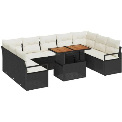 Image of vidaXL 10 Piece Garden Sofa Set with Cushions Black Poly Rattan Acacia