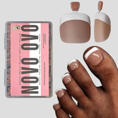 Image of NOVO OVO Fake Toe Nail Tips Press on, French Tip Soft Gel Toenail Extension, BROWN PINK Square Round Pre applied Primer &amp; Base Coat, Full Cover Matte False Nails for DIY x 15 Sizes 360Pcs