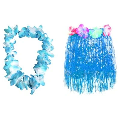 Image of Hawaiian Set Fancy Dress Costume Kit Coloured 40cm Short Hula Skirt + Large 9cm Flowers on Lei Necklace 2 Piece Hawaii Grass Luau