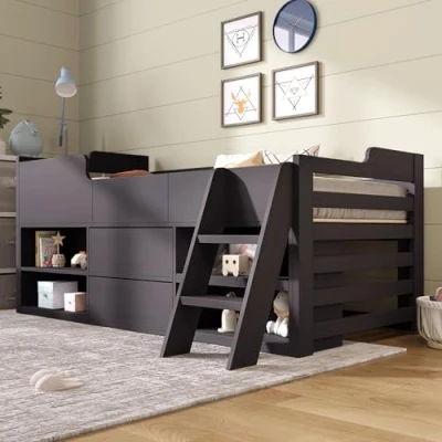 Image of ModernLuxe Kids Bed Frame, Wooden Storage Toddler Bed, Children&#039;s Cabin with Drawers Shelf Ladder, Mid Sleeper 3ft (90 x 190 cm) Single Frame