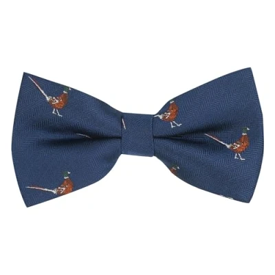 Image of King &amp; Priory Navy Blue Herringbone Embroidered Pheasant Bow Tie