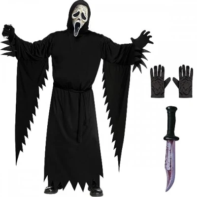 Image of Adult Mens Official Scream AGED Ghost Face Costume + Black Gloves Bloody Blade : Halloween Horror Film Theme Fancy Dress