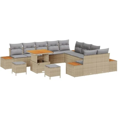 Image of vidaXL 13 Piece Garden Sofa Set with Cushions Beige Poly Rattan Acacia