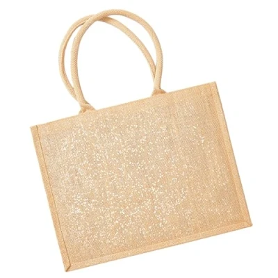 Image of Westford Mill W437 Shimmer Jute Shopper Glittery Reusable Tote Bag Natural/Gold
