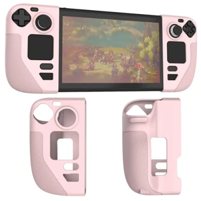 Image of AJKTHGE Silicone Protective Shell Cover Skin Compatible with Steam Deck, Non Slip Texture Handle Case for Anti Collision 4 Thumb Caps. (Pink)