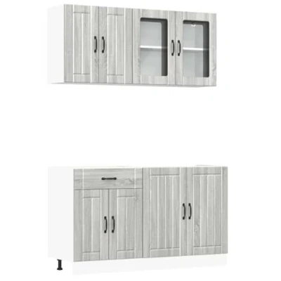 Image of vidaXL 4 Piece Kalmar Kitchen Cabinet Set Grey Sonoma Engineered Wood/Glass Adjustable Feet Modern Design