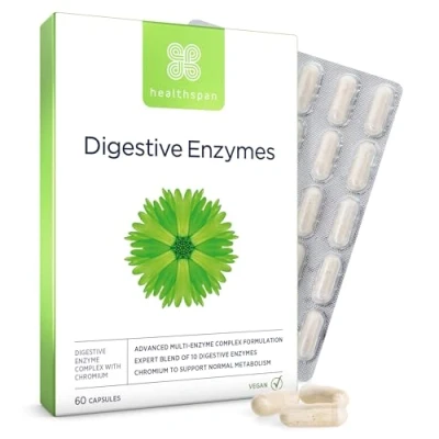Image of Healthspan Digestive Enzymes 60 Capsules Amylase Lactase Lipase Protease Added Chromium Aids Digestion Vegan