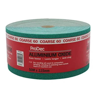 Image of ProDec 50m Roll 60 Grit Coarse Grade Green Aluminium Oxide Abrasive Sanding Paper for Wood, Paint, Plaster, Filler, Metal and More, 115mm Wide Sandpaper Compatible with Machine Sanders