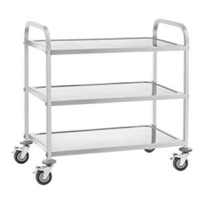 Image of Royal Catering RCSW 3A Serving Trolley Tea Kitchen Cart with Wheels (3 Shelves, Load Capacity 150 kg, Tray Spacing 28,3 cm, Ram Protection) Stainless Steel
