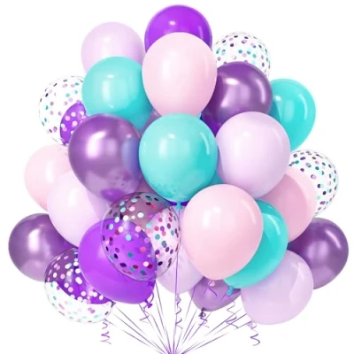 Image of Teselife Mermaid Balloons, 30Pcs 12 Inch Pastel Pink Purple Teal Blue Metallic Confetti Balloon with Ribbon Girls Kids Princess Birthday Wedding Anniversary Undersea Theme Party Supply