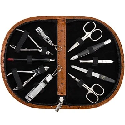 Image of 3 Swords Germany brand quality 10 piece manicure pedicure grooming kit set for professional finger &amp; toe nail care scissors clipper fashion leather case in gift box, Made by (6561)