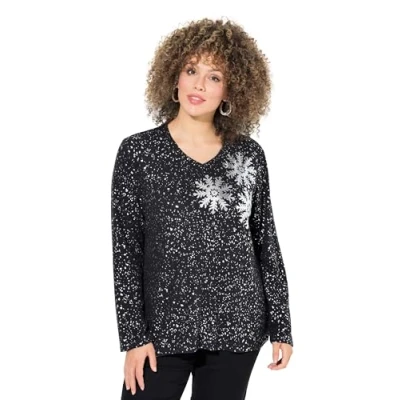 Image of Ulla Popken Women&#039;s Sweatshirt, Schneeflocken, V Ausschnitt, Langarm, Black, 50 52
