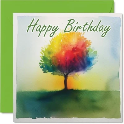 Image of Birthday Cards for Women Men Watercolour Tree Happy Card Mum Dad Brother Sister Uncle Auntie Cousin Grandad Nanny Friend 145mm x Bday Greeting