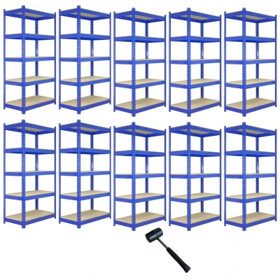Image of 10 x Blue Racking Bay Unit 5 Tier Heavy Duty Steel Metal 200kg capacity Per Shelf Garage Shelves Storage Warehouse Shed Workshop Boltless Shelving 120 50 180cm Free Rubber Mallet