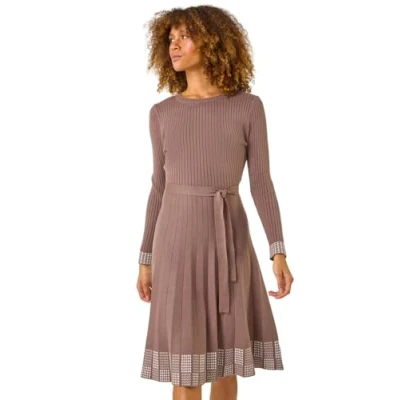 Image of Roman Originals Ribbed Stretch Knit Border Print Dress for Women UK Ladies Everyday Autumn Winter Round Neckline Comfy Soft Evening Vacation Work Party Night Out Mink Size 16