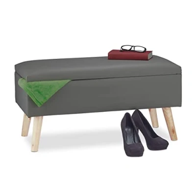 Image of Relaxdays Hallway Storage Bench, 40L, Padded Faux Leather Trunk, Wooden Legs, HxWxD: 40 x 80 39.5 cm, Dark Grey