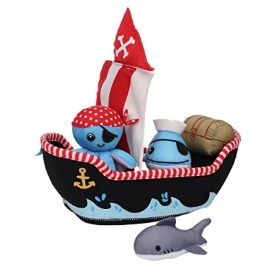 Image of Manhattan Toy Neoprene Pirate Ship 5 Piece Floating Spill n Fill Bath Quick Dry Sponges and Squirt