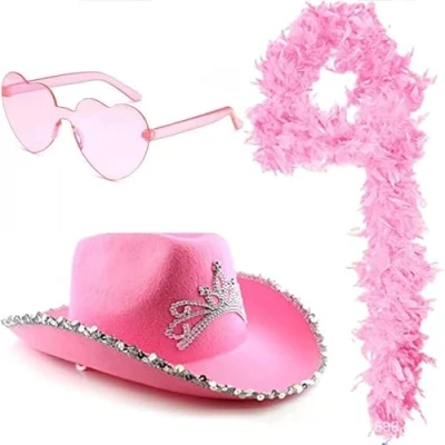 Image of KONGNY Pink Cowboy Hat with Tiara Feather Boa Heart Shaped Sunglasses Cowgirl