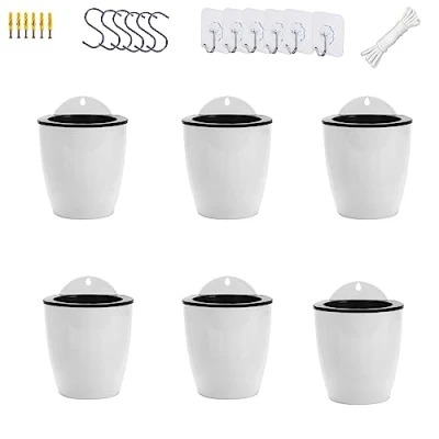 Image of ORIMERC 6 Pack Hanging Planter Pots Self Watering Vertical Garden Wall Mount Window Hang Round Plastic Container Indoor Outdoor for Plants Flowers Succulent Kitchen Living Herbs Holder White Medium