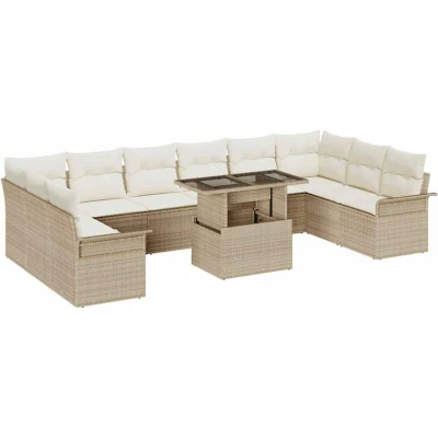Image of vidaXL 11 Piece Garden Sofa Set with Cushions Beige Poly Rattan