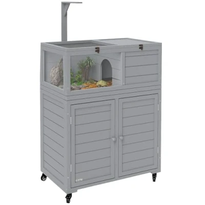 Image of PawHut Tortoise House with Storage Cabinet, Wooden Enclosure Lamp Holder, Openable Top, Transparent Observation Windows, Habitat for Indoor, Light Grey