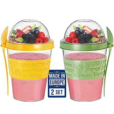 Image of CRYSTALIA Reusable Yogurt Cups with Lid, 2 PCS 600ml 100% BPA Free Breakfast On the Go Topping Cereal Oatmeal, Dishwasher Safe, Yoghurt Pots Overnight Oats Lunch Box Green Yellow, Pot
