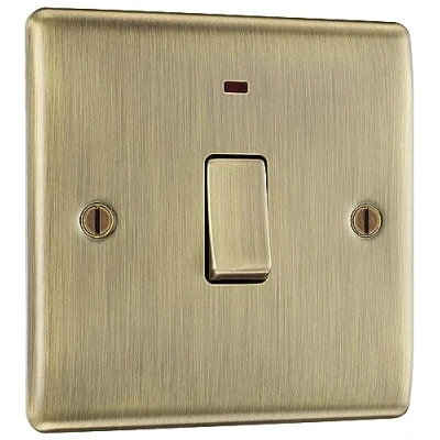Image of BG Electrical Single Wall Switch with LED Power Indicator, Double Pole, Raised and Slim Profile, Round Edges, Nexus Metal, Antique Brass, 20A, NAB31
