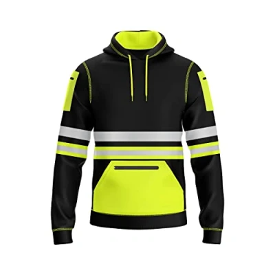 Image of mymixtrendz Hi Vis Mens Pullover Hoodie Reflective Tape Safety Work Multi Zipped Pockets Drawstring High Viz Visibility Sweatshirt Yellow Black