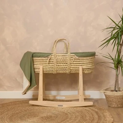 Image of Clair de Lune Organic Palm Moses Basket with Natural Rocking Stand, Award Winning Baby Bassinet 75 x 28 cm (Forest Green)