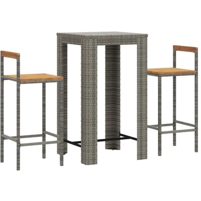 Image of vidaXL 3 Piece Garden Bar Set Grey Poly Rattan&amp;Solid Wood Acacia