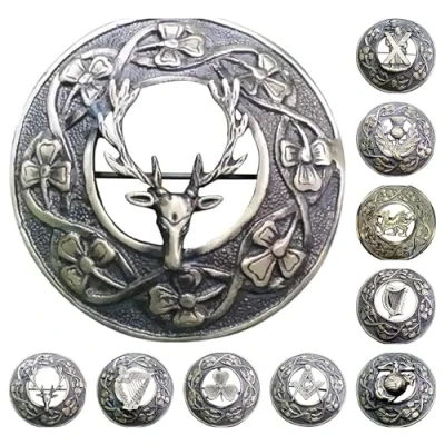 Image of AAR Men,s Scottish Stag Head Kilt Brooch Fly Plaid Antique Finish 3&quot; (7cm) Diameter S, x