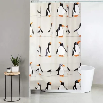 Image of Blue Canyon Penguin Printed Shower Curtains 100% Peva Curtain Anti Bacterial Surface Treatment Water Repellent Weighted Hem 180 X 180cm 12 Reinforced Eyelets with Hooks (Penguin)