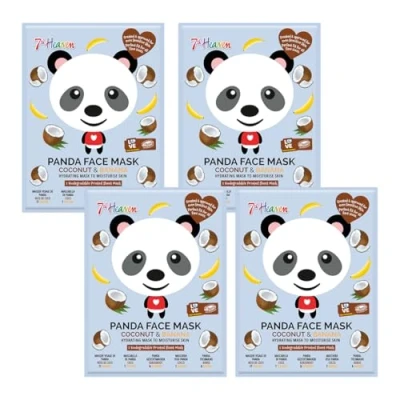 Image of 7th Heaven Panda Face Sheet Masks, Pack of 4 with Coconut &amp; Banana to Hydrate Moisturise Skin