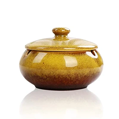 Image of Lependor Ceramic Ashtray with Lids,Windproof,Cigarette for Indoor or Outdoor Use，Ash Holder Smokers,Desktop Smoking Ash Tray Home Office Decoration Yellow